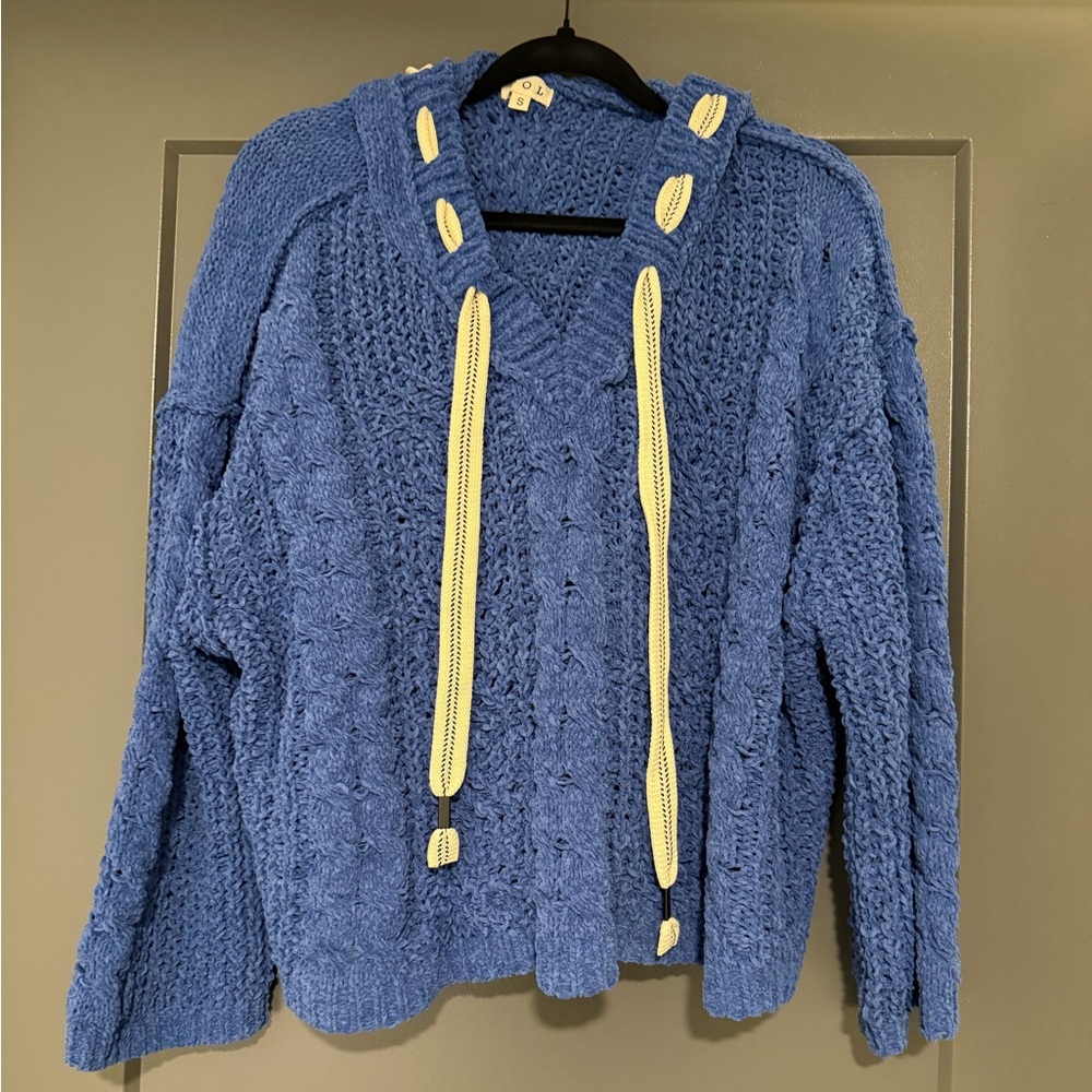 POL Blue V-Neck Chenille Sweater with hood